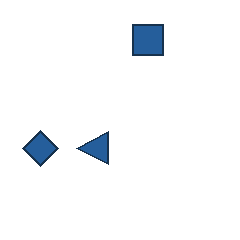 blue square at grid (3, 1), size 2, quarter-turn orientation 2, filled, no dot; blue diamond at grid (1, 3), size 2, quarter-turn orientation 3, filled, no dot; blue triangle at grid (2, 3), size 2, quarter-turn orientation 3, filled, no dot. Grid coordinates describe a four-by-four tile; editorial descriptions are not validated accommodations.