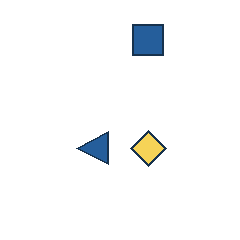 blue square at grid (3, 1), size 2, quarter-turn orientation 2, filled, no dot; blue triangle at grid (2, 3), size 2, quarter-turn orientation 3, filled, no dot; yellow diamond at grid (3, 3), size 2, quarter-turn orientation 3, filled, no dot. Grid coordinates describe a four-by-four tile; editorial descriptions are not validated accommodations.
