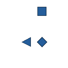 blue square at grid (3, 1), size 2, quarter-turn orientation 2, filled, no dot; blue triangle at grid (2, 3), size 2, quarter-turn orientation 3, filled, no dot; blue diamond at grid (3, 3), size 2, quarter-turn orientation 3, filled, no dot. Grid coordinates describe a four-by-four tile; editorial descriptions are not validated accommodations.