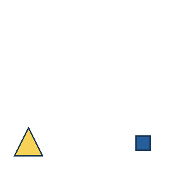 yellow triangle at grid (1, 4), size 3, quarter-turn orientation 0, filled, no dot; blue square at grid (4, 4), size 1, quarter-turn orientation 2, filled, no dot. Grid coordinates describe a four-by-four tile; editorial descriptions are not validated accommodations.