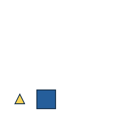 yellow triangle at grid (1, 4), size 1, quarter-turn orientation 0, filled, no dot; blue square at grid (2, 4), size 3, quarter-turn orientation 2, filled, no dot. Grid coordinates describe a four-by-four tile; editorial descriptions are not validated accommodations.