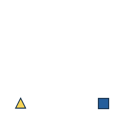 yellow triangle at grid (1, 4), size 1, quarter-turn orientation 0, filled, no dot; blue square at grid (4, 4), size 1, quarter-turn orientation 2, filled, no dot. Grid coordinates describe a four-by-four tile; editorial descriptions are not validated accommodations.