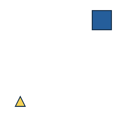 blue square at grid (4, 1), size 3, quarter-turn orientation 2, filled, no dot; yellow triangle at grid (1, 4), size 1, quarter-turn orientation 0, filled, no dot. Grid coordinates describe a four-by-four tile; editorial descriptions are not validated accommodations.