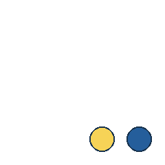 yellow circle at grid (3, 4), size 2, quarter-turn orientation 1, filled, no dot; blue circle at grid (4, 4), size 2, quarter-turn orientation 1, filled, no dot. Grid coordinates describe a four-by-four tile; editorial descriptions are not validated accommodations.