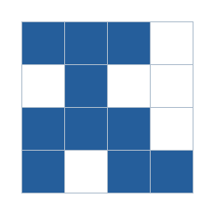 Four-by-four grid; occupied cells (row, column): (1, 1), (1, 2), (1, 3), (2, 2), (3, 1), (3, 2), (3, 3), (4, 1), (4, 3), (4, 4).