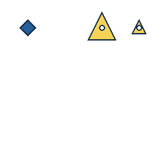 blue diamond at grid (1, 1), size 1, quarter-turn orientation 0, filled, no dot; yellow triangle at grid (3, 1), size 3, quarter-turn orientation 0, filled, center dot; yellow triangle at grid (4, 1), size 1, quarter-turn orientation 0, filled, center dot. Grid coordinates describe a four-by-four tile; editorial descriptions are not validated accommodations.