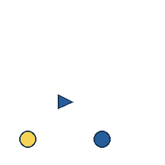 blue triangle at grid (2, 3), size 1, quarter-turn orientation 1, filled, no dot; yellow circle at grid (1, 4), size 1, quarter-turn orientation 0, filled, no dot; blue circle at grid (3, 4), size 1, quarter-turn orientation 0, filled, no dot. Grid coordinates describe a four-by-four tile; editorial descriptions are not validated accommodations.