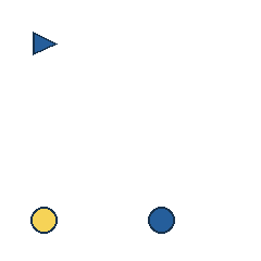 blue triangle at grid (1, 1), size 1, quarter-turn orientation 1, filled, no dot; yellow circle at grid (1, 4), size 1, quarter-turn orientation 0, filled, no dot; blue circle at grid (3, 4), size 1, quarter-turn orientation 0, filled, no dot. Grid coordinates describe a four-by-four tile; editorial descriptions are not validated accommodations.
