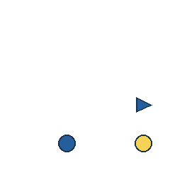 blue triangle at grid (4, 3), size 1, quarter-turn orientation 1, filled, no dot; blue circle at grid (2, 4), size 1, quarter-turn orientation 0, filled, no dot; yellow circle at grid (4, 4), size 1, quarter-turn orientation 0, filled, no dot. Grid coordinates describe a four-by-four tile; editorial descriptions are not validated accommodations.