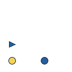 blue triangle at grid (1, 3), size 1, quarter-turn orientation 1, filled, no dot; yellow circle at grid (1, 4), size 1, quarter-turn orientation 0, filled, no dot; blue circle at grid (3, 4), size 1, quarter-turn orientation 0, filled, no dot. Grid coordinates describe a four-by-four tile; editorial descriptions are not validated accommodations.