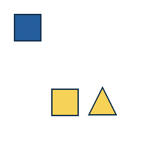 blue square at grid (1, 1), size 3, quarter-turn orientation 1, filled, no dot; yellow square at grid (2, 3), size 3, quarter-turn orientation 0, filled, no dot; yellow triangle at grid (3, 3), size 3, quarter-turn orientation 0, filled, no dot. Grid coordinates describe a four-by-four tile; editorial descriptions are not validated accommodations.