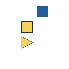 blue square at grid (3, 1), size 3, quarter-turn orientation 2, filled, no dot; yellow square at grid (2, 2), size 3, quarter-turn orientation 1, filled, no dot; yellow triangle at grid (2, 3), size 3, quarter-turn orientation 1, filled, no dot. Grid coordinates describe a four-by-four tile; editorial descriptions are not validated accommodations.