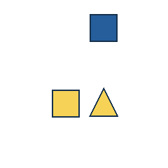 blue square at grid (3, 1), size 3, quarter-turn orientation 2, filled, no dot; yellow square at grid (2, 3), size 3, quarter-turn orientation 0, filled, no dot; yellow triangle at grid (3, 3), size 3, quarter-turn orientation 0, filled, no dot. Grid coordinates describe a four-by-four tile; editorial descriptions are not validated accommodations.
