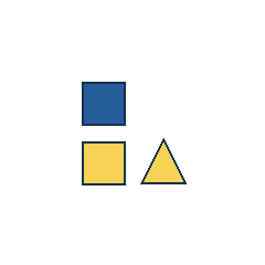blue square at grid (2, 2), size 3, quarter-turn orientation 1, filled, no dot; yellow square at grid (2, 3), size 3, quarter-turn orientation 0, filled, no dot; yellow triangle at grid (3, 3), size 3, quarter-turn orientation 0, filled, no dot. Grid coordinates describe a four-by-four tile; editorial descriptions are not validated accommodations.
