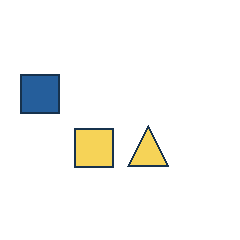 blue square at grid (1, 2), size 3, quarter-turn orientation 1, filled, no dot; yellow square at grid (2, 3), size 3, quarter-turn orientation 0, filled, no dot; yellow triangle at grid (3, 3), size 3, quarter-turn orientation 0, filled, no dot. Grid coordinates describe a four-by-four tile; editorial descriptions are not validated accommodations.