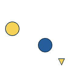 yellow circle at grid (1, 2), size 3, quarter-turn orientation 1, filled, no dot; blue circle at grid (3, 3), size 3, quarter-turn orientation 0, filled, no dot; yellow triangle at grid (4, 4), size 1, quarter-turn orientation 2, filled, no dot. Grid coordinates describe a four-by-four tile; editorial descriptions are not validated accommodations.