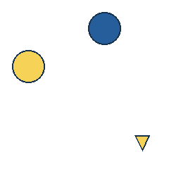 blue circle at grid (3, 1), size 3, quarter-turn orientation 3, filled, no dot; yellow circle at grid (1, 2), size 3, quarter-turn orientation 1, filled, no dot; yellow triangle at grid (4, 4), size 1, quarter-turn orientation 2, filled, no dot. Grid coordinates describe a four-by-four tile; editorial descriptions are not validated accommodations.