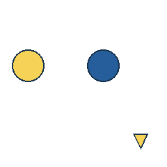 yellow circle at grid (1, 2), size 3, quarter-turn orientation 1, filled, no dot; blue circle at grid (3, 2), size 3, quarter-turn orientation 3, filled, no dot; yellow triangle at grid (4, 4), size 1, quarter-turn orientation 2, filled, no dot. Grid coordinates describe a four-by-four tile; editorial descriptions are not validated accommodations.