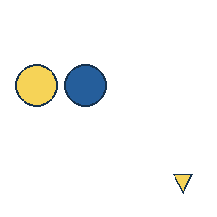 yellow circle at grid (1, 2), size 3, quarter-turn orientation 1, filled, no dot; blue circle at grid (2, 2), size 3, quarter-turn orientation 3, filled, no dot; yellow triangle at grid (4, 4), size 1, quarter-turn orientation 2, filled, no dot. Grid coordinates describe a four-by-four tile; editorial descriptions are not validated accommodations.