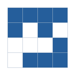 Four-by-four grid; occupied cells (row, column): (1, 1), (1, 2), (1, 3), (1, 4), (2, 1), (2, 3), (3, 4), (4, 2), (4, 3), (4, 4).