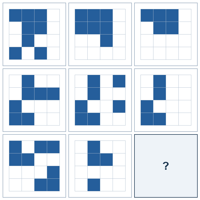 3 rows of three four-by-four spatial grids. The last result grid is missing.