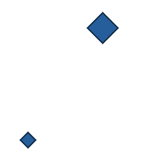 blue diamond at grid (3, 1), size 3, quarter-turn orientation 0, filled, no dot; blue diamond at grid (1, 4), size 1, quarter-turn orientation 0, filled, no dot. Grid coordinates describe a four-by-four tile; editorial descriptions are not validated accommodations.