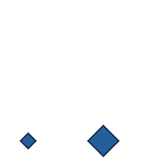 blue diamond at grid (1, 4), size 1, quarter-turn orientation 0, filled, no dot; blue diamond at grid (3, 4), size 3, quarter-turn orientation 0, filled, no dot. Grid coordinates describe a four-by-four tile; editorial descriptions are not validated accommodations.