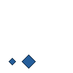 blue diamond at grid (1, 4), size 1, quarter-turn orientation 0, filled, no dot; blue diamond at grid (2, 4), size 3, quarter-turn orientation 0, filled, no dot. Grid coordinates describe a four-by-four tile; editorial descriptions are not validated accommodations.