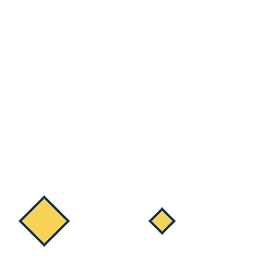 yellow diamond at grid (1, 4), size 3, quarter-turn orientation 0, filled, no dot; yellow diamond at grid (3, 4), size 1, quarter-turn orientation 0, filled, no dot. Grid coordinates describe a four-by-four tile; editorial descriptions are not validated accommodations.