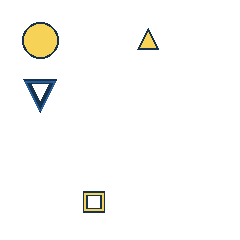 yellow circle at grid (1, 1), size 2, quarter-turn orientation 0, filled, no dot; yellow triangle at grid (3, 1), size 1, quarter-turn orientation 0, filled, no dot; blue triangle at grid (1, 2), size 2, quarter-turn orientation 2, outline, no dot; yellow square at grid (2, 4), size 1, quarter-turn orientation 1, outline, no dot. Grid coordinates describe a four-by-four tile; editorial descriptions are not validated accommodations.