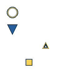yellow circle at grid (1, 1), size 2, quarter-turn orientation 0, outline, no dot; blue triangle at grid (1, 2), size 2, quarter-turn orientation 2, filled, no dot; yellow triangle at grid (3, 3), size 1, quarter-turn orientation 0, outline, no dot; yellow square at grid (2, 4), size 1, quarter-turn orientation 1, filled, no dot. Grid coordinates describe a four-by-four tile; editorial descriptions are not validated accommodations.