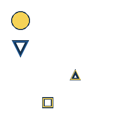 yellow circle at grid (1, 1), size 2, quarter-turn orientation 0, filled, no dot; blue triangle at grid (1, 2), size 2, quarter-turn orientation 2, outline, no dot; yellow triangle at grid (3, 3), size 1, quarter-turn orientation 0, outline, no dot; yellow square at grid (2, 4), size 1, quarter-turn orientation 1, outline, no dot. Grid coordinates describe a four-by-four tile; editorial descriptions are not validated accommodations.