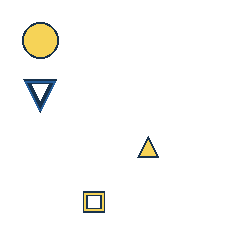 yellow circle at grid (1, 1), size 2, quarter-turn orientation 0, filled, no dot; blue triangle at grid (1, 2), size 2, quarter-turn orientation 2, outline, no dot; yellow triangle at grid (3, 3), size 1, quarter-turn orientation 0, filled, no dot; yellow square at grid (2, 4), size 1, quarter-turn orientation 1, outline, no dot. Grid coordinates describe a four-by-four tile; editorial descriptions are not validated accommodations.