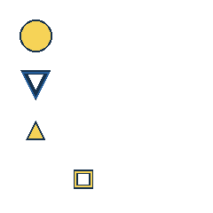 yellow circle at grid (1, 1), size 2, quarter-turn orientation 0, filled, no dot; blue triangle at grid (1, 2), size 2, quarter-turn orientation 2, outline, no dot; yellow triangle at grid (1, 3), size 1, quarter-turn orientation 0, filled, no dot; yellow square at grid (2, 4), size 1, quarter-turn orientation 1, outline, no dot. Grid coordinates describe a four-by-four tile; editorial descriptions are not validated accommodations.