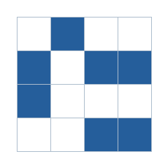 Four-by-four grid; occupied cells (row, column): (1, 2), (2, 1), (2, 3), (2, 4), (3, 1), (4, 3), (4, 4).
