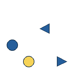 blue triangle at grid (3, 2), size 2, quarter-turn orientation 3, filled, no dot; blue circle at grid (1, 3), size 2, quarter-turn orientation 0, filled, no dot; yellow circle at grid (2, 4), size 2, quarter-turn orientation 1, filled, no dot; blue triangle at grid (4, 4), size 2, quarter-turn orientation 1, filled, no dot. Grid coordinates describe a four-by-four tile; editorial descriptions are not validated accommodations.