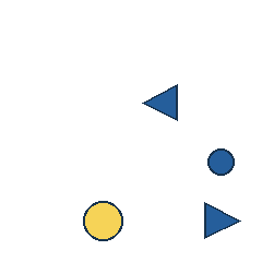 blue triangle at grid (3, 2), size 2, quarter-turn orientation 3, filled, no dot; blue circle at grid (4, 3), size 1, quarter-turn orientation 0, filled, no dot; yellow circle at grid (2, 4), size 2, quarter-turn orientation 1, filled, no dot; blue triangle at grid (4, 4), size 2, quarter-turn orientation 1, filled, no dot. Grid coordinates describe a four-by-four tile; editorial descriptions are not validated accommodations.