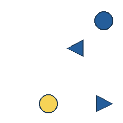 blue circle at grid (4, 1), size 2, quarter-turn orientation 0, filled, no dot; blue triangle at grid (3, 2), size 2, quarter-turn orientation 3, filled, no dot; yellow circle at grid (2, 4), size 2, quarter-turn orientation 1, filled, no dot; blue triangle at grid (4, 4), size 2, quarter-turn orientation 1, filled, no dot. Grid coordinates describe a four-by-four tile; editorial descriptions are not validated accommodations.