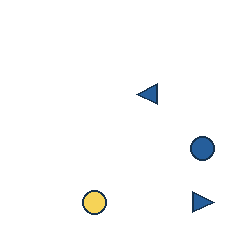 blue triangle at grid (3, 2), size 1, quarter-turn orientation 3, filled, no dot; blue circle at grid (4, 3), size 1, quarter-turn orientation 0, filled, no dot; yellow circle at grid (2, 4), size 1, quarter-turn orientation 1, filled, no dot; blue triangle at grid (4, 4), size 1, quarter-turn orientation 1, filled, no dot. Grid coordinates describe a four-by-four tile; editorial descriptions are not validated accommodations.