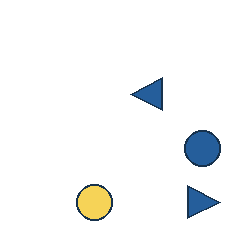 blue triangle at grid (3, 2), size 2, quarter-turn orientation 3, filled, no dot; blue circle at grid (4, 3), size 2, quarter-turn orientation 0, filled, no dot; yellow circle at grid (2, 4), size 2, quarter-turn orientation 1, filled, no dot; blue triangle at grid (4, 4), size 2, quarter-turn orientation 1, filled, no dot. Grid coordinates describe a four-by-four tile; editorial descriptions are not validated accommodations.