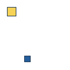 yellow square at grid (1, 1), size 2, quarter-turn orientation 2, filled, no dot; blue square at grid (2, 4), size 1, quarter-turn orientation 2, filled, no dot. Grid coordinates describe a four-by-four tile; editorial descriptions are not validated accommodations.