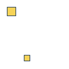 yellow square at grid (1, 1), size 2, quarter-turn orientation 2, filled, no dot; yellow square at grid (2, 4), size 1, quarter-turn orientation 2, filled, no dot. Grid coordinates describe a four-by-four tile; editorial descriptions are not validated accommodations.