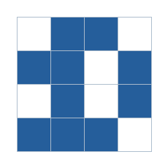 Four-by-four grid; occupied cells (row, column): (1, 2), (1, 3), (2, 1), (2, 2), (2, 4), (3, 2), (3, 4), (4, 1), (4, 2), (4, 3).