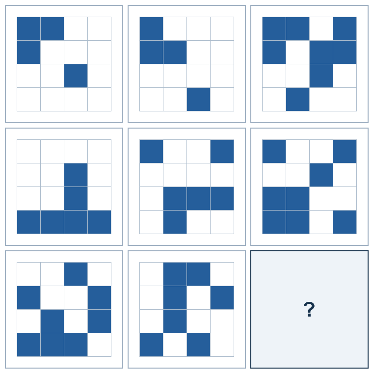 3 rows of three four-by-four spatial grids. The last result grid is missing.