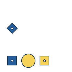blue diamond at grid (1, 2), size 2, quarter-turn orientation 1, filled, center dot; blue square at grid (1, 4), size 2, quarter-turn orientation 2, filled, center dot; yellow circle at grid (2, 4), size 3, quarter-turn orientation 3, filled, no dot; yellow square at grid (3, 4), size 2, quarter-turn orientation 0, filled, center dot. Grid coordinates describe a four-by-four tile; editorial descriptions are not validated accommodations.