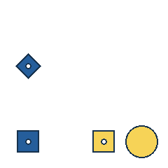 blue diamond at grid (1, 2), size 2, quarter-turn orientation 1, filled, center dot; blue square at grid (1, 4), size 2, quarter-turn orientation 2, filled, center dot; yellow square at grid (3, 4), size 2, quarter-turn orientation 0, filled, center dot; yellow circle at grid (4, 4), size 3, quarter-turn orientation 3, filled, no dot. Grid coordinates describe a four-by-four tile; editorial descriptions are not validated accommodations.