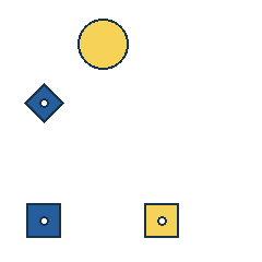 yellow circle at grid (2, 1), size 3, quarter-turn orientation 3, filled, no dot; blue diamond at grid (1, 2), size 2, quarter-turn orientation 1, filled, center dot; blue square at grid (1, 4), size 2, quarter-turn orientation 2, filled, center dot; yellow square at grid (3, 4), size 2, quarter-turn orientation 0, filled, center dot. Grid coordinates describe a four-by-four tile; editorial descriptions are not validated accommodations.