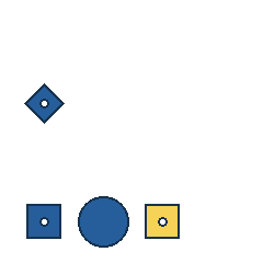 blue diamond at grid (1, 2), size 2, quarter-turn orientation 1, filled, center dot; blue square at grid (1, 4), size 2, quarter-turn orientation 2, filled, center dot; blue circle at grid (2, 4), size 3, quarter-turn orientation 3, filled, no dot; yellow square at grid (3, 4), size 2, quarter-turn orientation 0, filled, center dot. Grid coordinates describe a four-by-four tile; editorial descriptions are not validated accommodations.