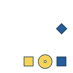 blue diamond at grid (4, 2), size 2, quarter-turn orientation 3, filled, no dot; yellow square at grid (2, 4), size 2, quarter-turn orientation 0, filled, no dot; yellow circle at grid (3, 4), size 3, quarter-turn orientation 1, filled, center dot; blue square at grid (4, 4), size 2, quarter-turn orientation 2, filled, no dot. Grid coordinates describe a four-by-four tile; editorial descriptions are not validated accommodations.