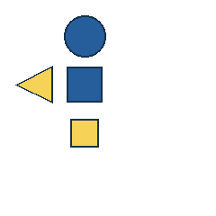 blue circle at grid (2, 1), size 3, quarter-turn orientation 0, filled, no dot; yellow triangle at grid (1, 2), size 3, quarter-turn orientation 3, filled, no dot; blue square at grid (2, 2), size 3, quarter-turn orientation 2, filled, no dot; yellow square at grid (2, 3), size 2, quarter-turn orientation 0, filled, no dot. Grid coordinates describe a four-by-four tile; editorial descriptions are not validated accommodations.